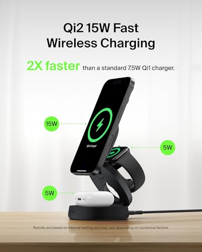 Belkin MagSafe Charger Compatible, 3-in-1 Qi2 15W Wireless Charging Station, Convertible Wireless Charger for iPhone 17, Apple Watch, AirPods, Pixel 10, Phone Stand for Travel w/ 36W Adapter - Black - color: Black, style: 3 in 1