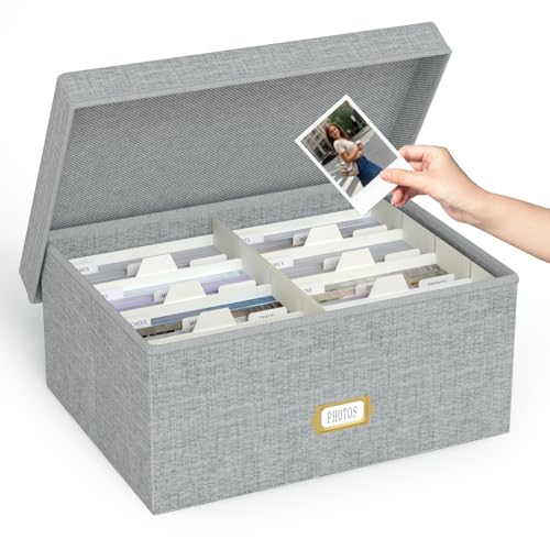 Decorative Photo Storage Box, Linen Photo Box Holds 1700 5x7 Pictures Grey | Photo Storage Containers with 8 Dividers, Memory Keepsake Organizer for Photos, Scrapbook Supplies, Cards, Stamps,Archive Box - color: Grey, size: 5x7 (1 Pack)