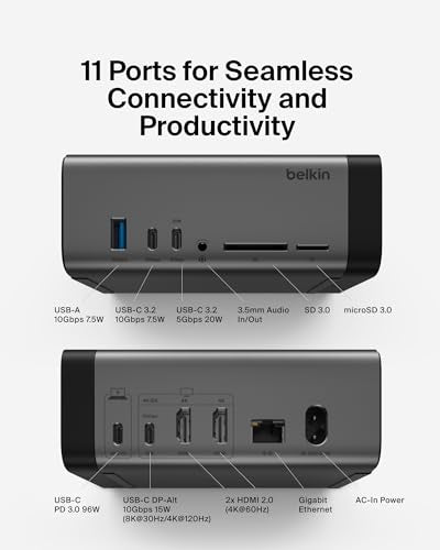 Belkin USB-C Hub 11-in-1 Pro GaN Dock 150W Multi-Port Docking Station with USB-C, USB-A, Ethernet, SD, MicroSD, 3.5mm Port, 4K HDMI Ports for Triple Monitor Display - Compatible with Windows, Laptops