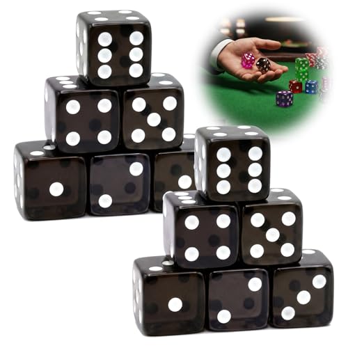 12 Piece 19 mm Casino Style Dice Set, Acrylic Translucent D6 Dice with Square Rounded Edge, Black for Craps, Table Games, Board Games, RPG, MTG, DND(Black) - color: Black