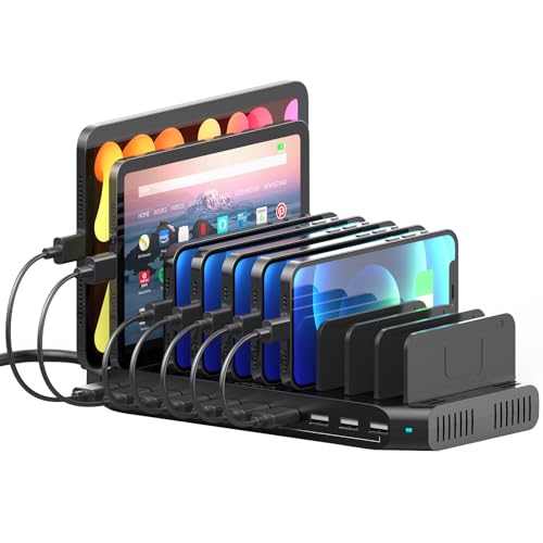 SUIDEK 10-Port Multi Charging Station, 60W USB Tablet Charging Station for Multiple Devices, USB Charging Dock Multi Device Charger Organizer with Adjustable Dividers for Tablets, Smartphones - color: Ebony