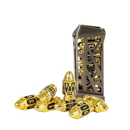 UDIXI Bullet Metal DND Dice Set, 7PCS D&D Bullet RPG Dice Set Golden Black | Cool Design, Magazines Container and PU Leather Bag, for Dungeons and Dragons Role Playing Games and Tabletop Games RPG - color: Golden Black