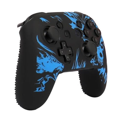 Wolf Controller Skin Cover for NS Switch Pro Controller, RALAN 1 Controller Skin+4 Customised Thumb Grips Caps Accessories - color: Wolf Black Blue