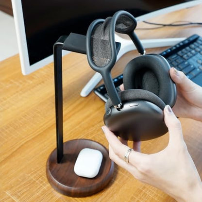GEVO Headphone Stand for Desk - Walnut Wood & Aluminum Headset Stand, Universal Wooden Gaming Headphone Holder for AirPod Max, Bose, Sony, Razer, Jabra, JBL (Walnut Circular Base)