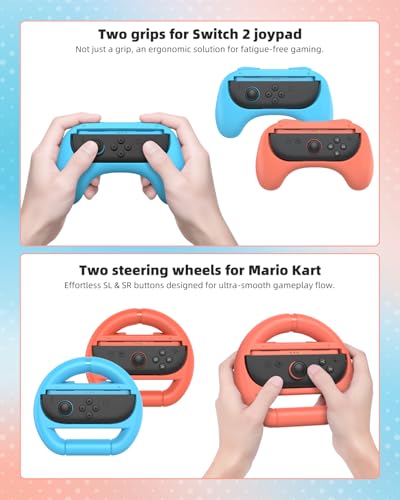 Switch 2 Pro Controller Accessories Bundle for Nintendo Switch 2 (2025), MENEEA 21-in-1 Kits: Wireless Controllers,Carrying Case,Controller Charger Dock,Grips for Joy Con,Steering Wheels for Mario Kart,Protective Cover for Switch 2 (Black & Pink Controlle