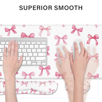 Desk Pad and Keyboard Wrist Rest, Large Mouse Pad + Keyboard Pad+Mouse Wrist Support, Non-Slip Desk Mat Protector for Office, Home 31.5×11.8 Inches Pink Bow - color: Pink Bow