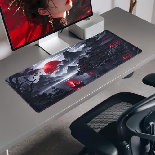 FreeNook Large Gaming Mouse Pad, Anime Black Mousepad with Stitched Edges, Expanded Cool Desk Mat, Japanese Red Moon XL Keyboard Mat Suitable for Home Office,31.5 X 11.8 Inch - color: RedMoon, size: 31.5L x 11.8W inches