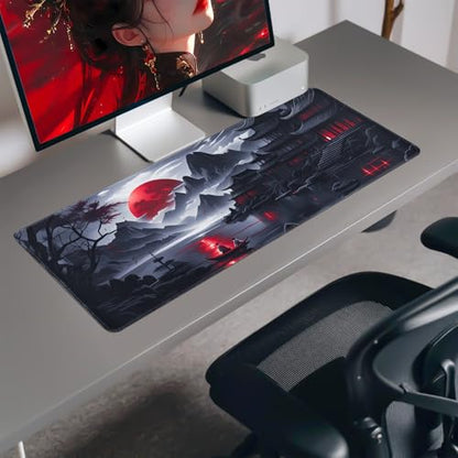 FreeNook Large Gaming Mouse Pad, Anime Black Mousepad with Stitched Edges, Expanded Cool Desk Mat, Japanese Red Moon XL Keyboard Mat Suitable for Home Office,31.5 X 15.7 Inch - color: RedMoon, size: 31.5L x 15.7W inches