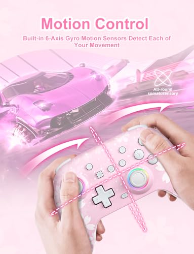 PHNIXGAM Pink Wireless Controller for Switch, Sakura | Switch/Lite/OLED/PC/Steam Deck/iOS/Android Compatible. Programmable buttons/RGB/motion control/vibration/turbo. 18hr battery. - color: Pink