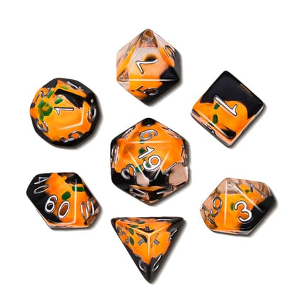 Halloween Pumpkin Theme DND Dice Set, 7 Pieces Polyhedral Resin Dice with Metal Storage Box, Orange and Black
