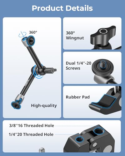 SmallRig Clamp w/ 1/4" and 3/8" Thread Holes, 9.8 Inches Adjustable Friction Power Articulating Magic Arm with Phone Holder for Action Cameras, Smartphones, LCD Monitor/LED Lights - 5326 - size: 9.8''+phone clamp
