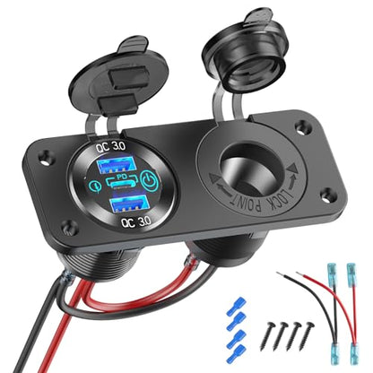 12V USB Outlet Marine Switch Panel 12 Volt Plug, PD3.0 & Dual Quick Charge 3.0 USB Ports Aluminum Car Charger with Power Switch, Waterproof 150W Cigarette Lighter Socket 2 in 1 DIY Kit for Boat RV ATV - color: Charger+Socket
