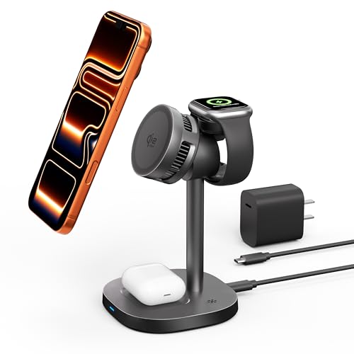 3-in-1 Wireless Charging Station, Qi2.2 25W Fast Charge with Cooling Fan (On/Off), for iPhone 17–12/Apple Watch/AirPods, Includes 45W Adapter – Great for Desk & Live Streaming