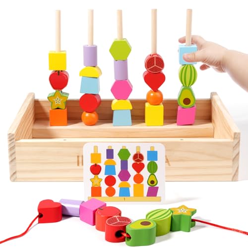 INIFEIDALA Montessori Toys for 3 4 5 Year Old,Gifts for Toddlers | Stacking Blocks, Lacing Beads & Shape Stacker, Wooden Beads Sequencing Toy Set, Fine Motor Skills & STEM Preschool Learning - style: Lacing Beads