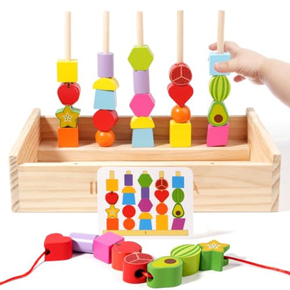 INIFEIDALA Montessori Toys for 3 4 5 Year Old,Gifts for Toddlers | Stacking Blocks, Lacing Beads & Shape Stacker, Wooden Beads Sequencing Toy Set, Fine Motor Skills & STEM Preschool Learning - style: Lacing Beads
