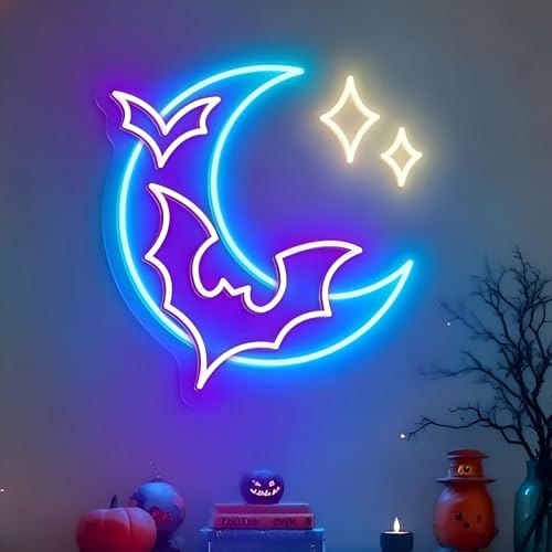 Halloween Bat Moon Neon Sign, Dimmable Spooky LED Wall Light, USB Powered Gothic Neon Decor for Bedroom, Bar, Party, and Halloween Room Aesthetic Gift Idea - color: Z-Custom Bat Moon