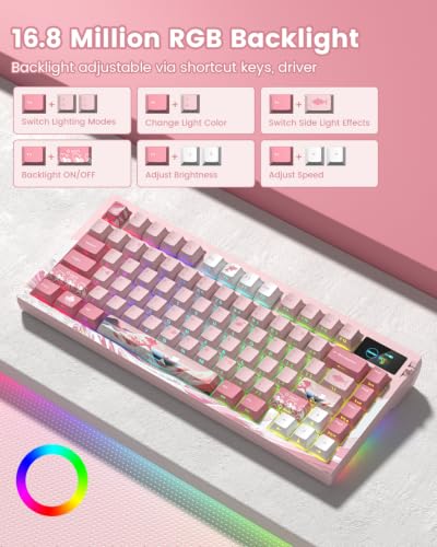 L80 Wireless Gaming Keyboard, 75% Mechanical Keyboard with Smart Display and Knob, Tri-Mode BT/2.4GHz/USB-C, Gasket Mount RGB Backlit, Hot Swappable for PC Mac - color: Pink