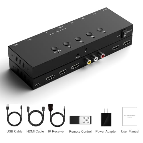 Dingsun 4In-4Out Converter, 3 Way HDMI 2.0+ RCA to 2 Way HDMI Converter for Fire Stick，ROKU, N64, NGC, Wii, PS2/3/4/5, Xbox Series, Xbox ONE, Switch ect. - style: 4in-2out(1*RCA +3*HDMI to 2*HDMI )
