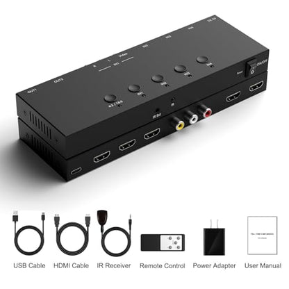 Dingsun 4In-4Out Converter, 3 Way HDMI 2.0+ RCA to 2 Way HDMI Converter for Fire Stick，ROKU, N64, NGC, Wii, PS2/3/4/5, Xbox Series, Xbox ONE, Switch ect. - style: 4in-2out(1*RCA +3*HDMI to 2*HDMI )