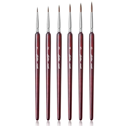 Professional Sable Hair Detail Paint Brush Set - 6 Miniature Art Brushes for Fine Detailing & Art Painting - Acrylic, Watercolor, Oil - Miniatures, Models, Red - color: Red