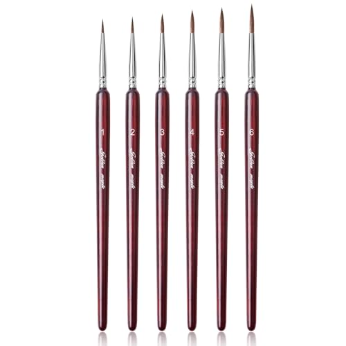 Professional Sable Hair Detail Paint Brush Set - 6 Miniature Art Brushes for Fine Detailing & Art Painting - Acrylic, Watercolor, Oil - Miniatures, Models, Red - color: Red