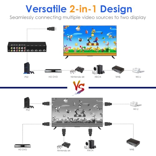 8-in-1 HDMI/AV Switch with Remote Control, 4K@60Hz 4:4:4, 4×HDMI & 4×RCA Inputs to 1×HD MI Output, HDR10/Dolby Vision, 18Gbps, 3D Support for TV/Projector/Monitor - size: 4 HDMI+4 RCA Inputs & 1 HDMI Output