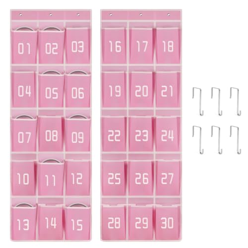 2 Pack Numbered Classroom Headphone Storage Organizer with 30 Pockets, Pink | Over the Door Headphone Holder, Hanging Classroom Pocket Chart for Headphones, Cell Phones Classroom Storage & Organization - color: Pink
