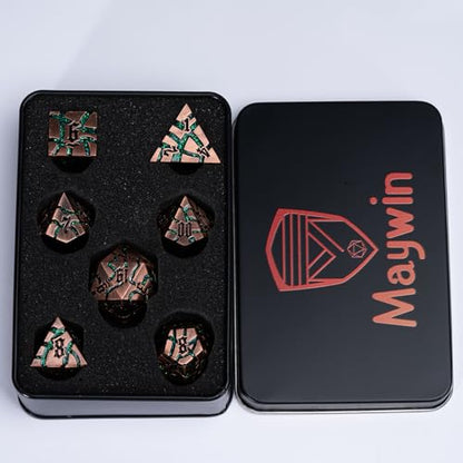Cracked Rune Metal Dice Set for DND & RPG – Dark Fantasy Fractured Design, Premium Heavy Metal Polyhedral Dice with Deep Engraved Numbers, 7-Piece Set – Green Mystic Vein - color: Antique Copper Green