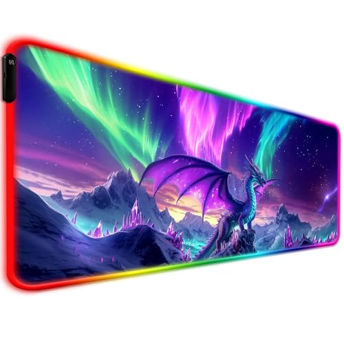 RGB Fantasy Aurora Scenery and Dragon Gaming Desk Mat, Computer Keyboard Large Extended Long LED Mouse Pad for Office and Home, XL (W06) - color: Rgb-w06