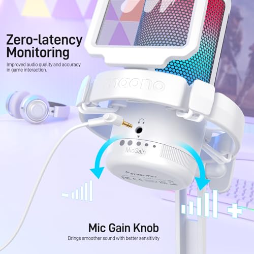 MAONO USB Gaming Microphone with Boom Arm Microphone Stand: Noise Cancellation Condenser Mic Kit with RGB Lights,for Streaming Recording Podcast Chat Twitch YouTube Discord DGM20+BA20 White