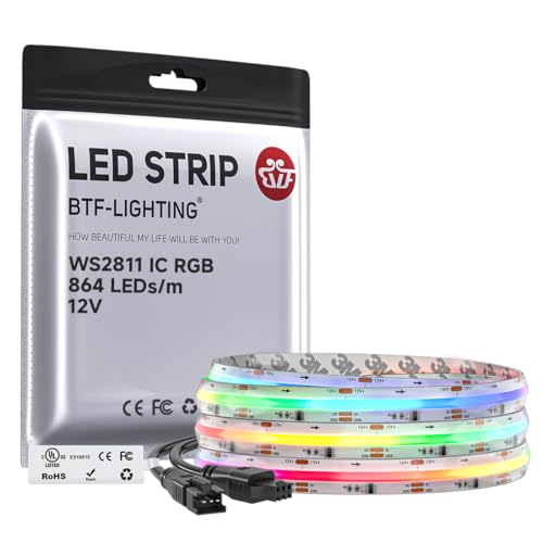 BTF-LIGHTING IP66 RGB WS2811 Smart IC FCOB COB LED Strip, UL Listed 864LEDs/m High Density Color Chasing Uniform Light, DC12V 9.8FT 12mm Width Tape Light for Home DIY Decor(No Adapter or Controller) - color: DC12V IP66, size: 9.8FT 864LED/m