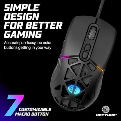Neptune Blade Ergonomic Lightweight LED Gaming Mouse | Wired USB Corded Mouse with Backlight Effects (Black)
