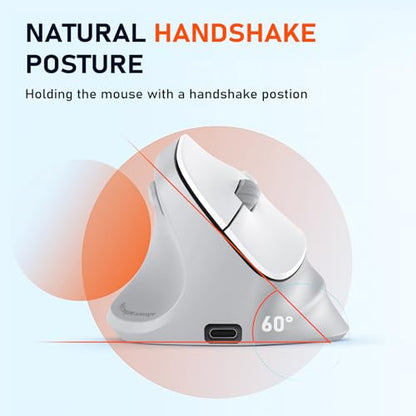 MEETION Left-Handed Wireless Ergonomic Vertical Mouse, Rechargeable - Gray | Dual Bluetooth 5.2/3.0 + USB, RGB lighting, 4 adjustable DPI, compatible with Windows, Mac, PC, iPad and tablets - color: Left Gray White