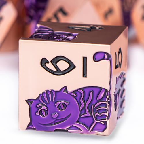 Metal DND Cat Dice 7PCS Polyhedral RPG Dice Set with Gift Case for Dungeons Dragons Role Playing Game, D and D Dice D6 D8 D10 D12 D20 D% (Copper Purple) - color: Cat-copper Purple