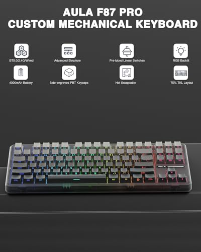 AULA F87 Pro Wireless Mechanical Keyboard,Tri-Mode BT5.0/2.4GHz/USB-C Hot Swappable Custom Keyboard,Pre-lubed Switches,Side Printed PBT Keycaps,75% TKL RGB Backlit Gaming Keyboards - color: F87Pro-Black