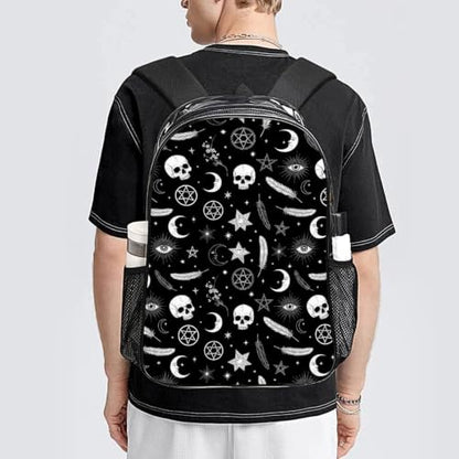 Clear Transparent Beach Backpack Waterproof Sand Water Resistant | Heavy Duty, Goth Raven Crow Skull Moon Star Gothic Witch Spirit Board, See Through Daypack - color: Pattern (834)