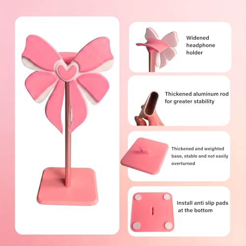 Pink Bow Headphone Stand for Desk - Upgraded Aluminum Alloy & Wood Gaming Headset Holder,, Cute Gamer Girl Gifts for Women, Girls, Wife, Office Decor with Anti-Slip Base (Pink Bow)