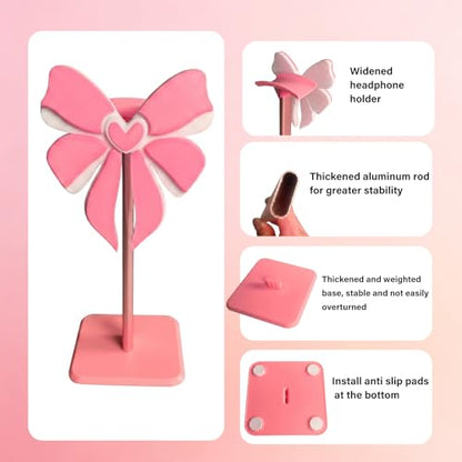 Pink Bow Headphone Stand for Desk - Upgraded Aluminum Alloy & Wood Gaming Headset Holder,, Cute Gamer Girl Gifts for Women, Girls, Wife, Office Decor with Anti-Slip Base (Pink Bow)