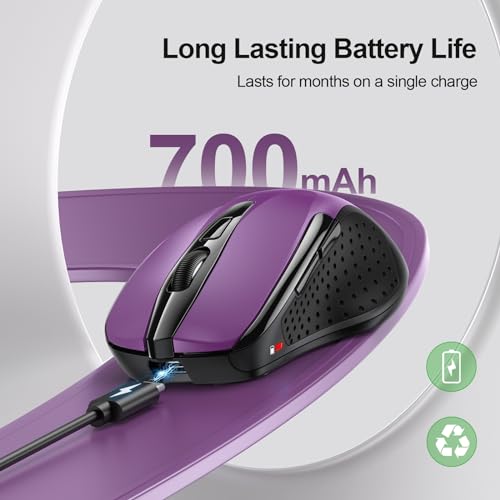 TECKNET Wireless Mouse Rechargeable, 2.4G Computer Mice with USB-A Receiver | 2.4G Connection, 800mAh Battery, 3X Faster Charging, Silent Click, 6-Level 4800 DPI, Ergonomic Design for All-day Comfort - color: Purple