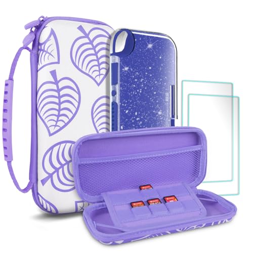 TIKOdirect Carrying Case for Switch lite, Shockproof Portable Travel Bag with Glitter Galaxy cover, Screen Protectors and Cute Leaf Thumb Grips Caps, Purple - color: Leaf Purple