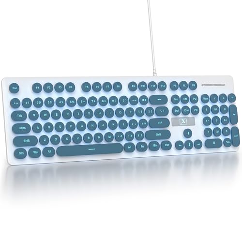 Fogruaden Wired Retro Typewriter Keyboard, Quiet Full Size Membrane Keyboard Light Up, Blue Cute Computer Keyboards, 104 Round Keys, Blue LED Backlit, Slim, Silent for Windows PC, Laptop - color: Blue