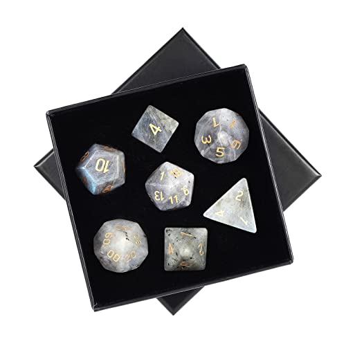 mookaitedecor 7 PCS Labradorite Stone DND Dice Set for RPG MTG Table Games | Crystal DND Dice, Role Playing Dice, Dungeons and Dragons, Polished Tumbled Stones, Home Decoration - color: Grey & Black