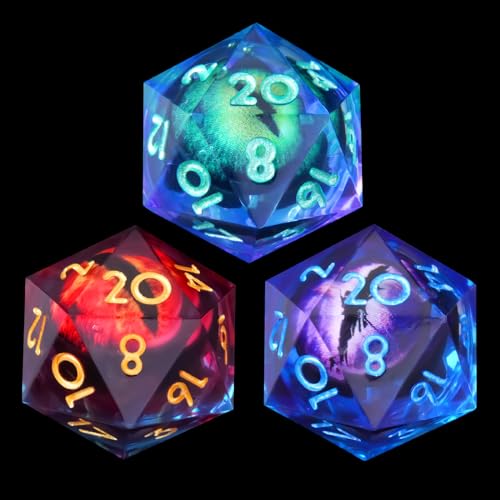 3Pcs D20 Dargon Eye 22mm Liquid Core DND Dice Set with 3 Color 22mm Gradient Color Resin Sharp Edge, 20 Sided D&D DiceHandmade Polyhedral Dice for RPG(Green Purple/Blue Purple/Blue Red) - color: D20-greenpurple+bluepurple+bluered