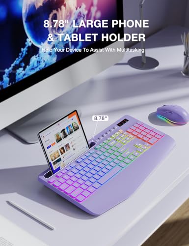 Wireless Keyboard and Mouse Combo, 9 Backlit Effects, RGB, 2.4GHz | Ergonomic Wrist Rest, Phone Holder, Rechargeable, Full Size, KM22 MAX Silent Set for Computer, Laptop, Mac, Windows (Purple) - color: Lavender Purple