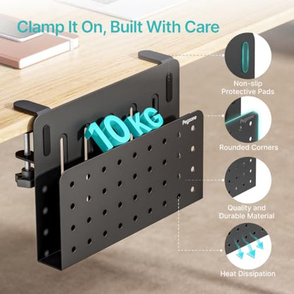 Desk Side Storage Organizer, Fits Flat Edge 0.4" to 2.2", Black | No Drill Under Desk Laptop Holder, Clamp on Desks Shelf with Pegboard Accessories, Hanging Laptop Mount - color: Black