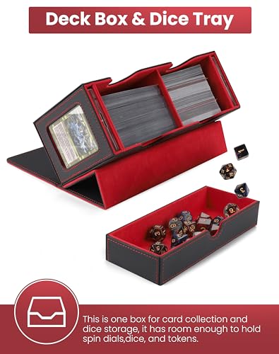 MRAUF MTG Deck Box with Double Commander Display and Dice Tray, Fits 200+ Double Sleeved Cards, Card Storage Box Plus 2 Magnetic Holders& 100Pcs Card Sleeves (Black& Red) - color: Black& Red
