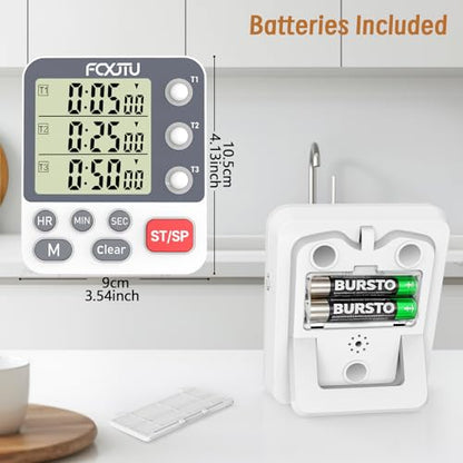 Digital Dual Kitchen Timer, 3-Channel Magnetic Countdown Stopwatch Timer for Cooking, Large Display, Loud Alarm, 100Hr Multi Food Classroom Timer for Seniors & Teachers (Battery Included) - size: Triple Timer