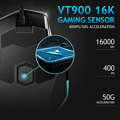 RAPOO VT900 Wired Gaming Mouse, 16K DPI Optical Sensor, IR Optical Gaming Mouse, Customize OLED Display Ergonomic Mouse, Onboard Memory with 10 Programmable Buttons, Adjustable Counter Weight, Black