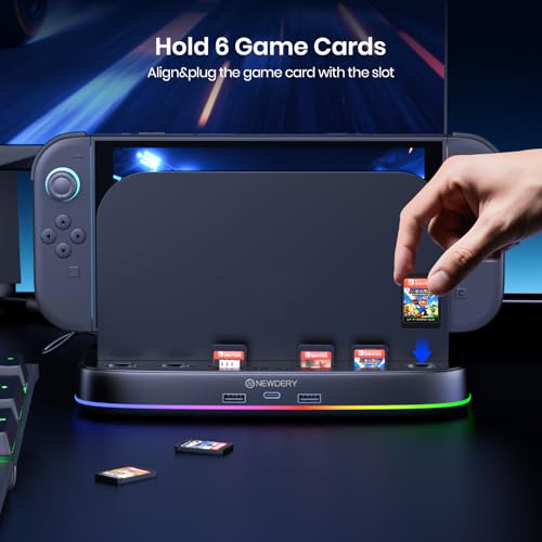 NEWDERY Cooling Fan for Nintendo Switch 2 Dock, Dual-Fan Cooling Stand | 3 Adjustable Speeds, RGB Light Modes, 6 Game Card Slots and 3 USB Ports for Cooling Control, Storage and Easy Expansion