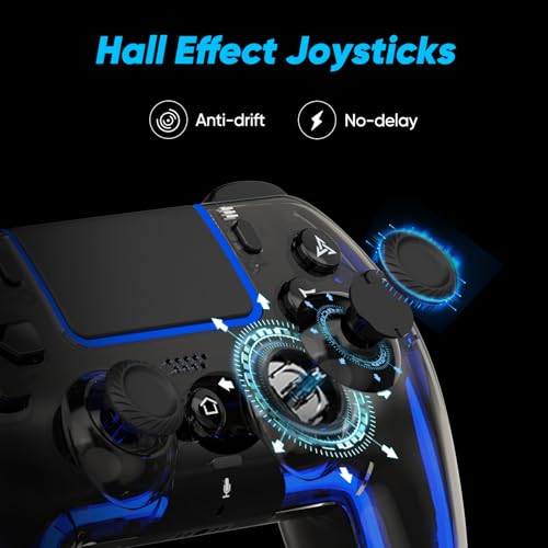 BETMI Wireless Controller for PS5, Pro/Slim/MAC/Steam Deck/PC, Hall Effect Joystick, Dual Vibration/Macro/Turbo, 3.5mm Jack, 6-Axis, Mute Key, LED Gamepad with Speaker (4 Lighting Effects, 9 Light Colors) - color: Transparent Black